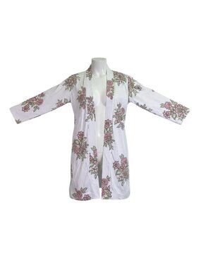 The Company Store Womens White Pink Floral Robe Relaxed Fit  Sz XS